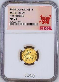 2021 P Australie Bullion Gold 15 $ Année Lunaire Du Ox Ngc Ms70 1/10 Oz Coin Fr