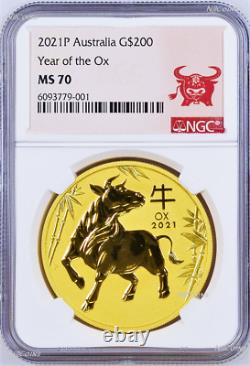 2021 P Australie Bullion Gold 200 $ Année Lunaire Du Ox Ngc Ms70 2 Oz Coin