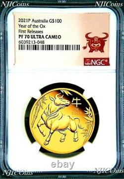 2021 P Australie Proof Gold 100 $ Année Lunaire De L'ox Ngc Pf70 1 Oz Coin Fr