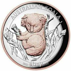 2021-p Australie 8 $ 5 Oz Argent High Relief Rose Or Koala Proof