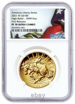 2021w 1oz Gold Proof American Liberty High Relief 100 $ Pièce Ngc Pf70 Uc Fr