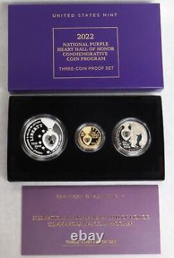 2022 Coffret commémoratif de 3 pièces en or et argent Purple Heart Wgold & Silver Ogp