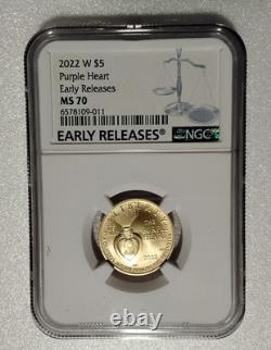 2022 W Or $5 5 Dollars NGC MS70 Médaille Commémorative Purple Heart Faible Mintage 1,677
