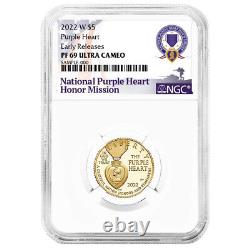 2022-w Preuve 5 $ National Purple Heart Hall Of Honor Pièce D'or Ngc Pf69uc Er Purp
