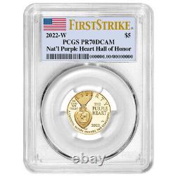 2022-w Proof 5 $ National Purple Heart Hall Of Honor Pièce D'or Pcgs Pr70dcam Fs F