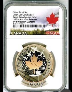 2024 GILT CANADA 1 $ FORCE AÉRIENNE ROYALE CANADIENNE 100e ANNIVERSAIRE PREMIÈRES ÉMISSIONS NGC PF69