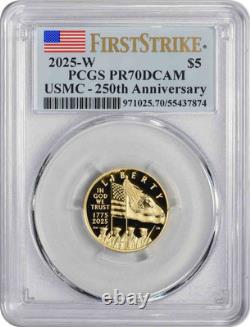 2025-W Corps des Marines des États-Unis USMC 250e Anniversaire 5 $ Or PR70DCAM FS PCGS