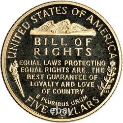 Billet de 5 dollars en or commémoratif des droits de l'homme des États-Unis de 1993, preuve commémorative NGC PF70 UCAM.