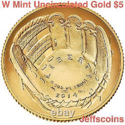 Boîte de pièces de monnaie de 5 dollars en or non circulées du Temple de la renommée nationale du baseball de 2014 avec certificat d'authenticité B32.