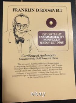 Dime Roosevelt miniature en or solide 24 carats, commémoratif du 100ème anniversaire de F. D. R.
