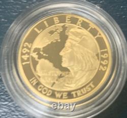 Ensemble commémoratif de la preuve de 3 pièces (en or de 5 $) pour le 500e anniversaire de Colomb en 1992, avec emballage d'origine (OGP).