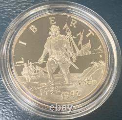 Ensemble commémoratif de la preuve de 3 pièces (en or de 5 $) pour le 500e anniversaire de Colomb en 1992, avec emballage d'origine (OGP).