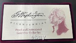 Ensemble de 2 pièces en or Proof et non circulées W de 5 $ Washington Bicentenaire 1999 OGP COA
