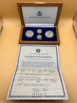 Ensemble de 4 pièces de la Constitution américaine de 1987 : 2 dollars en argent, 2 épreuves en or de 5 dollars avec certificat d'authenticité (COA)