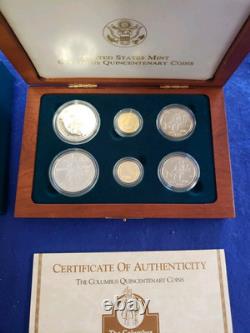 Ensemble de 6 pièces en or, argent et métal plaqué, épreuve et non circulée de 5 $, 1 $ et 50 c pour le quincentenaire de Colomb de 1992