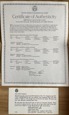 Ensemble de 6 pièces en preuve et non circulées du bicentenaire du Congrès des États-Unis de 1989 ! Or et argent