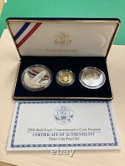 Ensemble de pièces commémoratives en or et en argent de l'Aigle à tête blanche de 2008 avec coffret et certificat d'authenticité