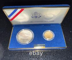 Ensemble de pièces de la Constitution de la Monnaie des États-Unis de 1987, pièce en dollar en argent et pièce de cinq dollars en or, certificat d'authenticité.