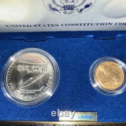Ensemble de pièces de la Constitution de la Monnaie des États-Unis de 1987, pièce en dollar en argent et pièce de cinq dollars en or, certificat d'authenticité.