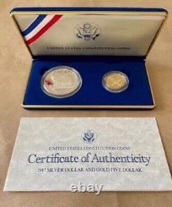 Ensemble de pièces de monnaie de preuve en or de cinq dollars et en argent de un dollar de la Constitution des États-Unis de 1987 avec certificat d'authenticité