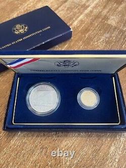 Ensemble de pièces de monnaie de preuve en or de cinq dollars et en argent de un dollar de la Constitution des États-Unis de 1987 avec certificat d'authenticité