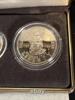 Ensemble de pièces de preuve commémoratives du Congrès américain de 1989 : 5 $ en or, 1 $ en argent, 50 cents