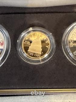 Ensemble de pièces de preuve commémoratives du Congrès américain de 1989 : 5 $ en or, 1 $ en argent, 50 cents