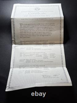 Ensemble de pièces de preuve commémoratives du Congrès américain de 1989 : 5 $ en or, 1 $ en argent, 50 cents