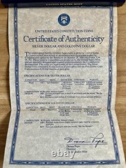 Ensemble de pièces de preuve de la Constitution des États-Unis de 1987 ! Nous, le peuple $5 en or et $1 en argent