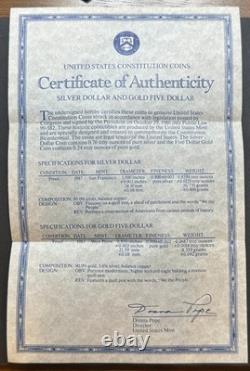 Ensemble de pièces de preuve de la Constitution des États-Unis de 1987 ! Nous, le peuple, 5 $ en or et 1 $ en argent