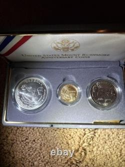 Ensemble de pièces de preuve en or et en argent de l'anniversaire de 1991 du Mont Rushmore des États-Unis, avec certificat d'authenticité et boîte d'origine.