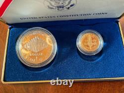 Ensemble de pièces en argent et en or de la Constitution de la Monnaie des États-Unis de 1987, avec certificat d'authenticité.