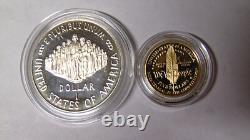 Ensemble de pièces en épreuve de la Constitution des États-Unis de 1987, 2 pièces, 5 $ en or et dollar en argent avec certificat d'authenticité.