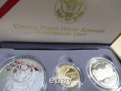 Ensemble de preuves commémoratives de la 3e pièce de monnaie du 50e anniversaire du Mont Rushmore des États-Unis en 1991, en or et en argent.