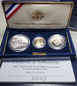 Ensemble de preuves de 3 pièces commémoratives de la 50e anniversaire de la Seconde Guerre mondiale 1991-1995 avec boîte et papiers en or