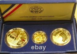 Ensemble de preuves de 3 pièces de la Liberté Ellis Island de 1986 en or de 5 $, en argent de 1 $ et de 50 cents avec boîte et certificat d'authenticité - 1 propriétaire.