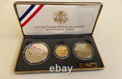 Ensemble de preuves de 3 pièces de la Monnaie US de 1991 Mt Rushmore en argent $1, en or $5 et en 50 cents plaqué.