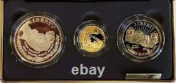 Ensemble de preuves de 3 pièces de la Monnaie US de 1991 Mt Rushmore en argent $1, en or $5 et en 50 cents plaqué.