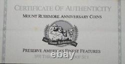 Ensemble de preuves de 3 pièces de la Monnaie US de 1991 Mt Rushmore en argent $1, or $5 et en placage de 50c