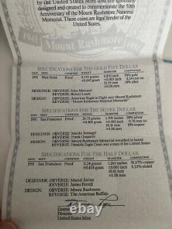 Ensemble de preuves de 3 pièces de monnaie de 1991 US Mint Mt Rushmore en argent $1 or $5 dollar OGP COA NEUF