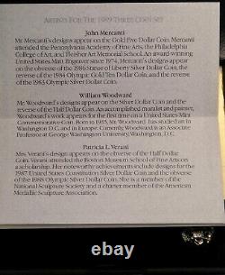 Ensemble de preuves de 3 pièces du Congrès des États-Unis de 1989 Or 5 $, Argent 1 $/50 c BOÎTE COA 1 PROPRIÉTAIRE