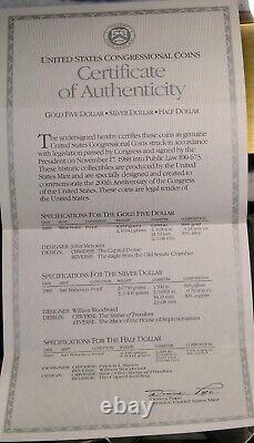 Ensemble de preuves de 3 pièces du Congrès des États-Unis de 1989 Or 5 $, Argent 1 $/50 c BOÎTE COA 1 PROPRIÉTAIRE