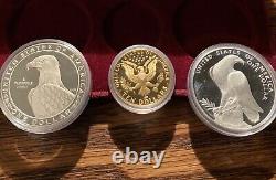 Jeux olympiques de 1983 et 1984, ensemble commémoratif de 3 pièces en or et argent frappées en qualité épreuve.