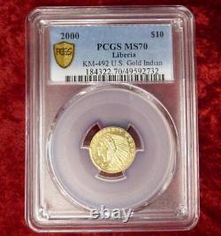 KM-492 U. S OR $10 Indien PCGS MS70 Libéria 1/10 oz TOP POP 1 de 8 FAIBLE MINTAGE