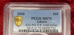 KM-492 U. S OR $10 Indien PCGS MS70 Libéria 1/10 oz TOP POP 1 de 8 FAIBLE MINTAGE