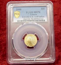 KM-492 U. S OR $10 Indien PCGS MS70 Libéria 1/10 oz TOP POP 1 de 8 FAIBLE MINTAGE