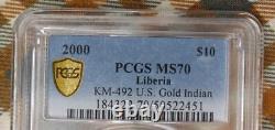 Liberia KM-492 U. S. GOLD 10 $ Indien, 2000 PCGS MS70 1/10oz Pièce, Faible Population 8