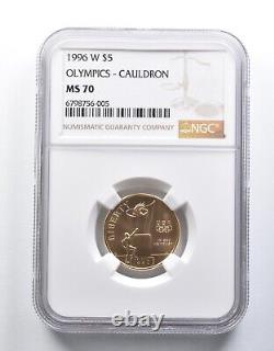 MS70 1996-W $5 Olympic Cauldron Gold 5 Dollar Commemorative NGC 6100 translated in French is: MS70 1996-W $5 Olympique Chaudron Or 5 Dollar Commémoratif NGC 6100.