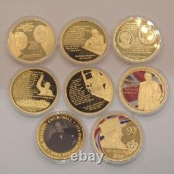 Médaille commémorative en or plaqué £5 de Churchill et autres x 8 HUIT PIÈCES