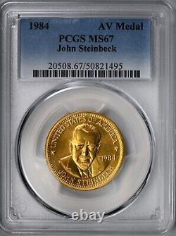 Médaille d'art commémorative en or de 1/2 once de la Monnaie des États-Unis de 1984, PCGS MS-67 John Steinbeck